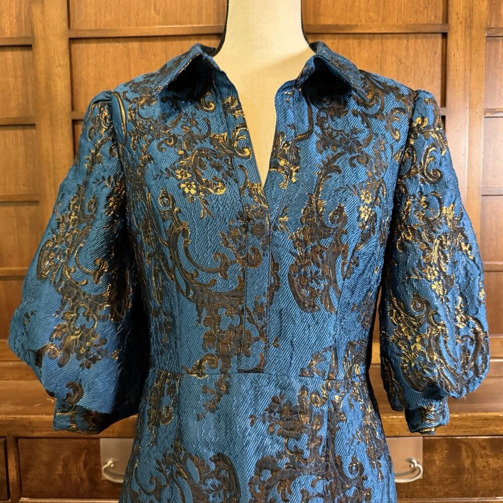 Badgley Mischka Puff-Sleeve Regal Brocade Blue & Metallic Gold Shirtdress Gown 8 - Picture 5 of 14
